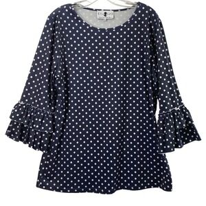 Dainty Jewells Polka Dot Top Women XL Navy White Ruffle Bell Sleeve Boho Blouse